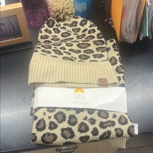 C&C California Leopard Print Kids Hat and Scarf Set - Tan